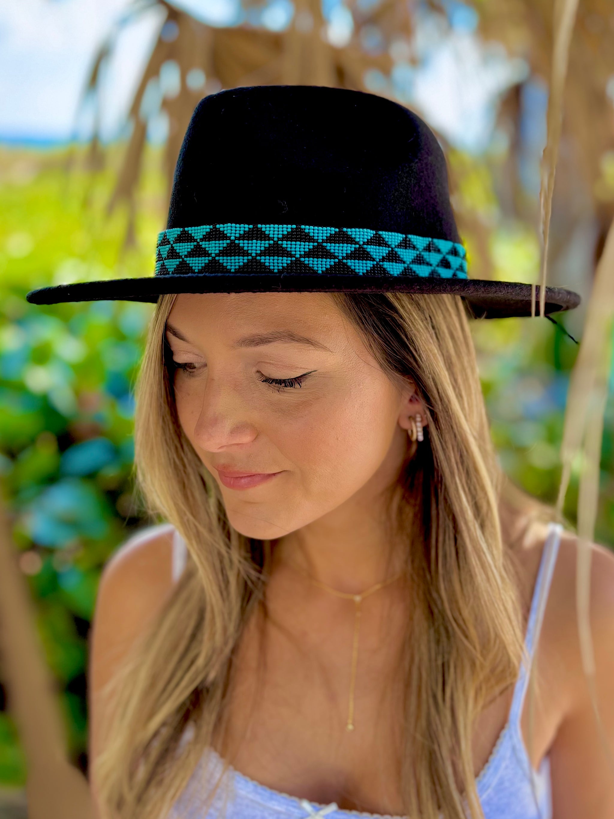 Black Hat BRAND NEW Hand Beaded Trim Band - Blue and Tan Beads Blue-Hat, Me, beadwork, 2021 : r/Art main image 3